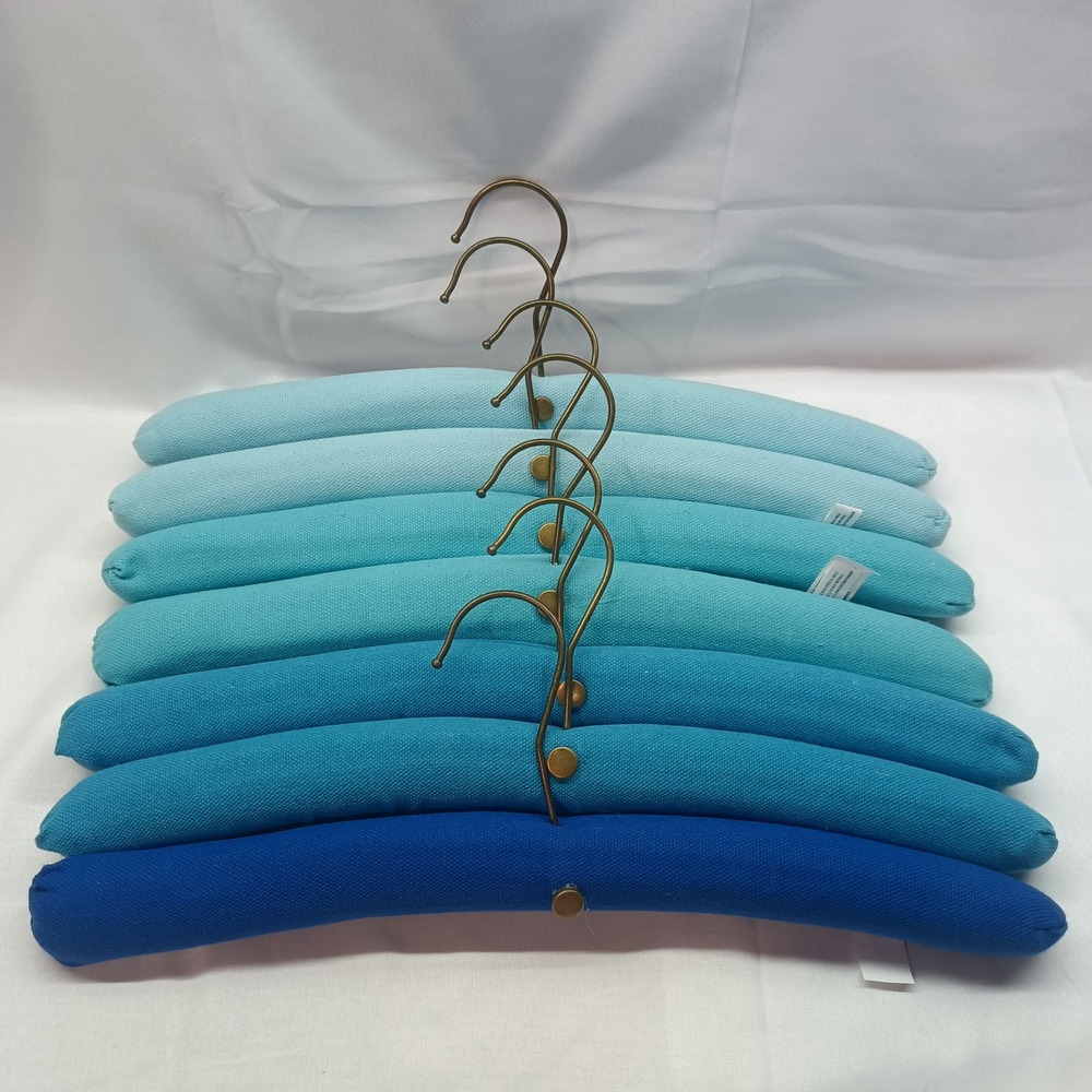 Set of 7 Ombre Blue Padded Cotton Canvas Clothes Hangers Antique Brass Hook